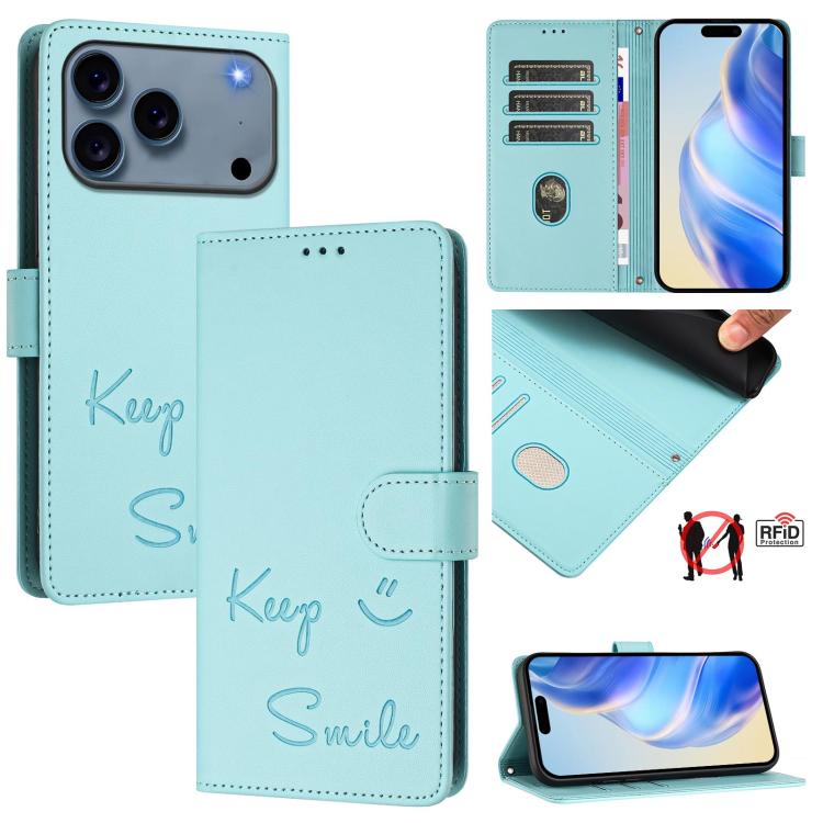 RFID-Lederhandyhülle mit Smile-Prägung, für iPhone 17 Pro Max, für iPhone 17 Pro, für iPhone 17, für iPhone Air, für iPhone SE 2024, für iPhone 16 Pro Max, für iPhone 16 Pro, für iPhone 16 Plus