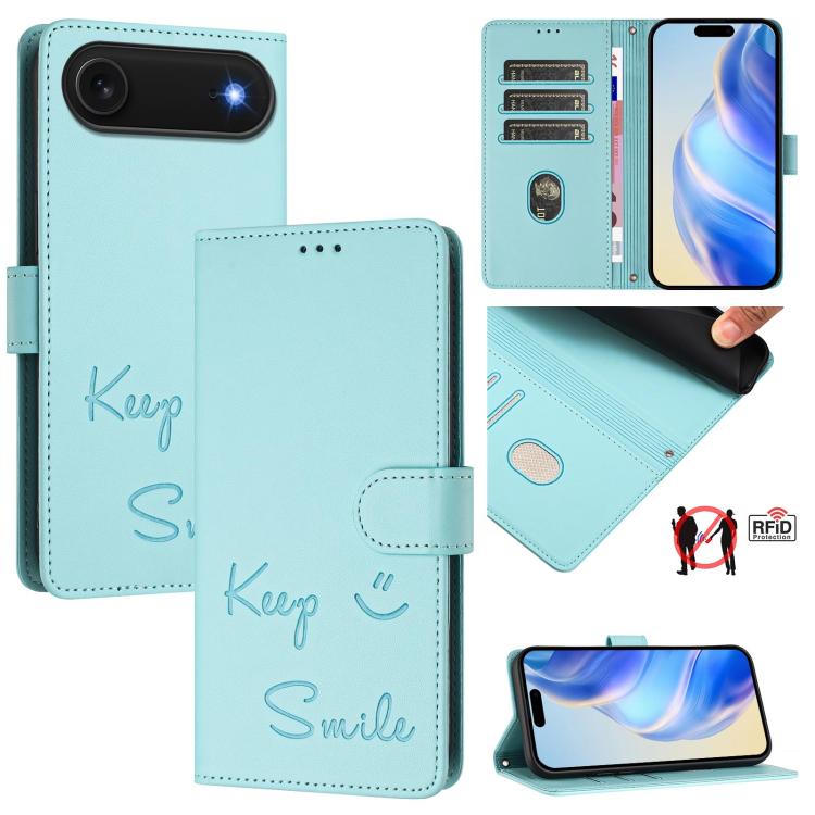 RFID-Lederhandyhülle mit Smile-Prägung, für iPhone 17 Pro Max, für iPhone 17 Pro, für iPhone 17, für iPhone Air, für iPhone SE 2024, für iPhone 16 Pro Max, für iPhone 16 Pro, für iPhone 16 Plus