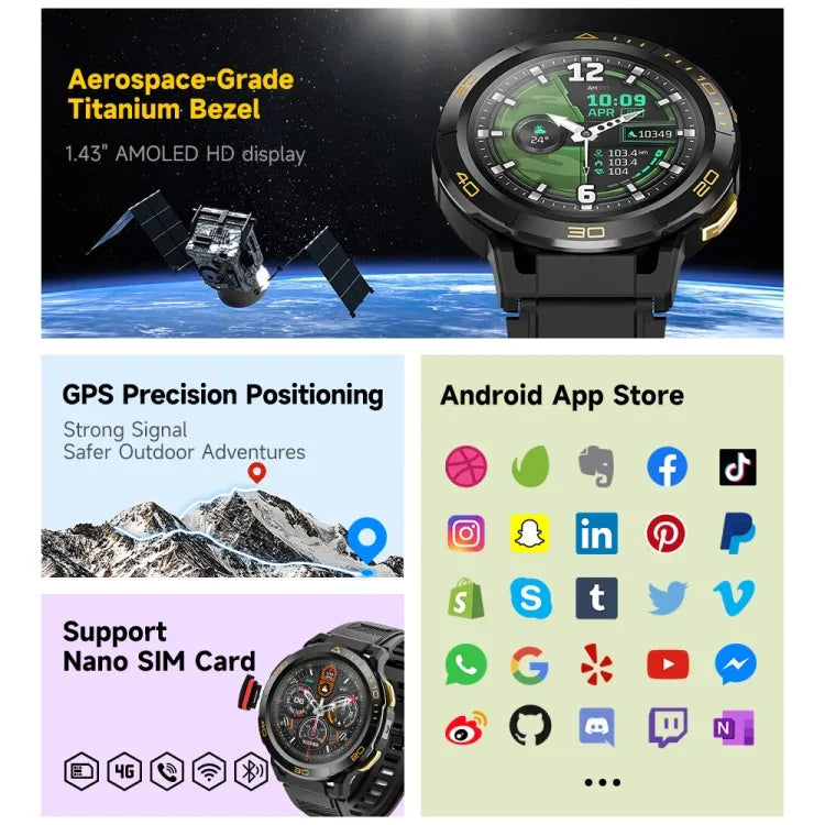 LEMFO Z1 Smartwatch mit 1,43 Zoll AMOLED-Display, 4G-Netzwerk, Android 8.1, 4 GB RAM + 64 GB internem Speicher, Eurasische Version