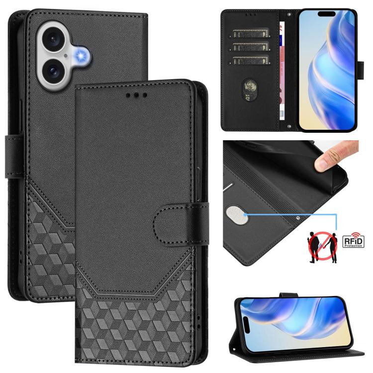 RFID-Lederhandyhülle mit Wabenprägung, für iPhone 17e / 16e, für iPhone 17 Pro Max, für iPhone 17 Pro, für iPhone 17, für iPhone Air, für iPhone 16 Pro Max, für iPhone 16 Pro, für iPhone 16 Plus