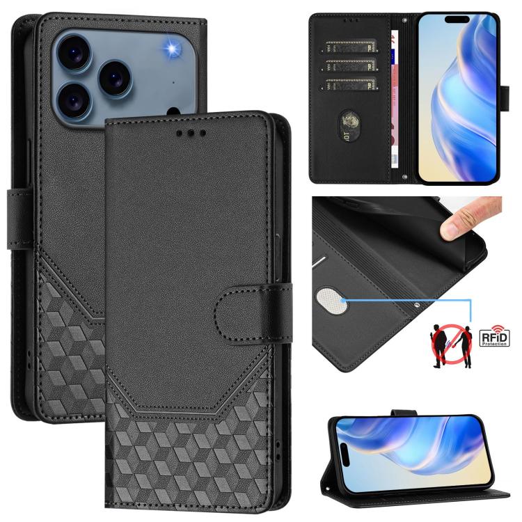 RFID-Lederhandyhülle mit Wabenprägung, für iPhone 17e / 16e, für iPhone 17 Pro Max, für iPhone 17 Pro, für iPhone 17, für iPhone Air, für iPhone 16 Pro Max, für iPhone 16 Pro, für iPhone 16 Plus
