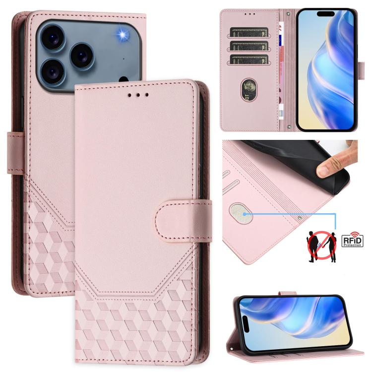 RFID-Lederhandyhülle mit Wabenprägung, für iPhone 17e / 16e, für iPhone 17 Pro Max, für iPhone 17 Pro, für iPhone 17, für iPhone Air, für iPhone 16 Pro Max, für iPhone 16 Pro, für iPhone 16 Plus