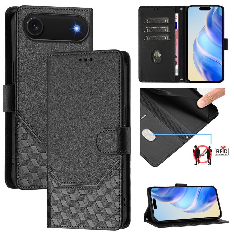 RFID-Lederhandyhülle mit Wabenprägung, für iPhone 17e / 16e, für iPhone 17 Pro Max, für iPhone 17 Pro, für iPhone 17, für iPhone Air, für iPhone 16 Pro Max, für iPhone 16 Pro, für iPhone 16 Plus