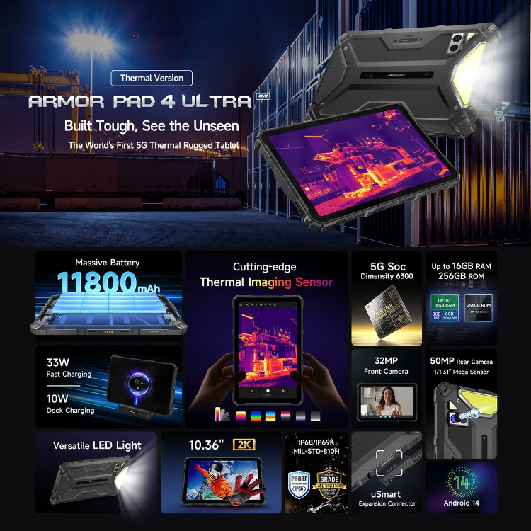Ulefone Armor Pad 4 Ultra Thermal Version Robustes Tablet, 10,36 Zoll Android 14 MediaTek Dimensity 6300 Octa Core 5G Netzwerk, EU-Stecker, Armor Pad 4 Ultra Wärmebildkamera