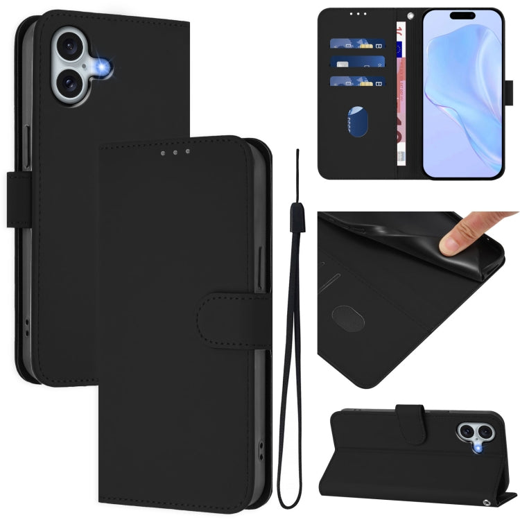 Skin Feel Solid Color Leather Phone Case with Lanyard, For iPhone 16 Pro, For iPhone 16 Plus