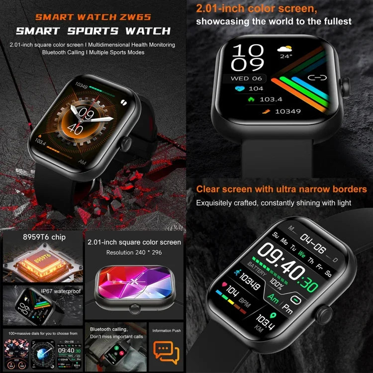 ZW65 2,01 Zoll Fitness-Smartwatch, Blutsauerstoff-/Blutdruck-/Herzfrequenzmessung