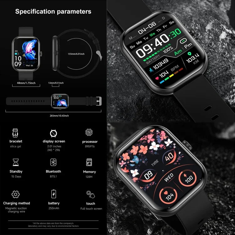ZW65 2,01 Zoll Fitness-Smartwatch, Blutsauerstoff-/Blutdruck-/Herzfrequenzmessung