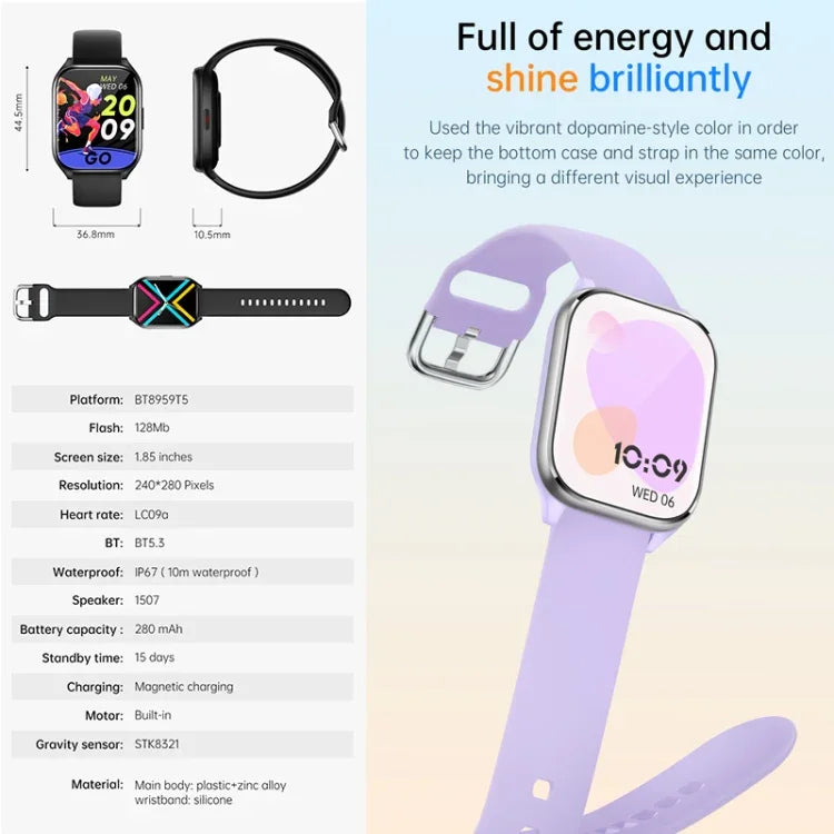 KT73S Smartwatch mit 1,85 Zoll quadratischem Display, Bluetooth-Anruffunktion, Herzfrequenz-, Blutdruck-, Blutsauerstoff-, gynäkologischer und Schlafüberwachung