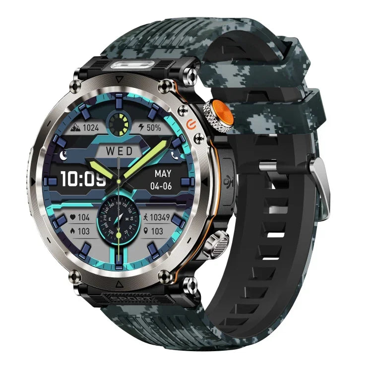HT30 1,7 Zoll IP68 wasserdichte Smartwatch mit Tarnmuster, Silikonarmband, Taschenlampe, Banknotenprüfer und Kompass