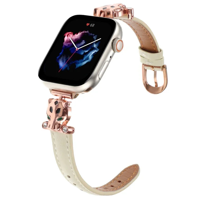 Echtes Lederarmband mit Leopardenkopf-Motiv, passend für Apple Watch 46 mm / 49 mm / 45 mm / 44 mm und 42 mm / 41 mm / 40 mm / 38 mm