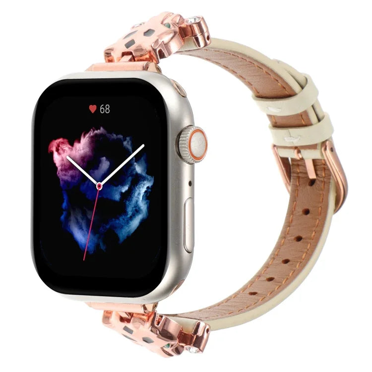 Echtes Lederarmband mit Leopardenkopf-Motiv, passend für Apple Watch 46 mm / 49 mm / 45 mm / 44 mm und 42 mm / 41 mm / 40 mm / 38 mm
