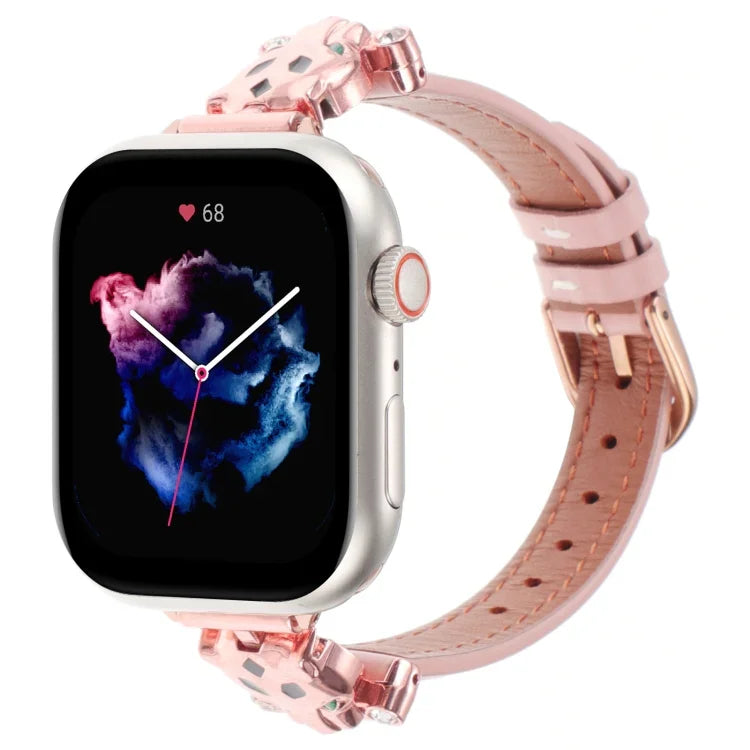 Echtes Lederarmband mit Leopardenkopf-Motiv, passend für Apple Watch 46 mm / 49 mm / 45 mm / 44 mm und 42 mm / 41 mm / 40 mm / 38 mm