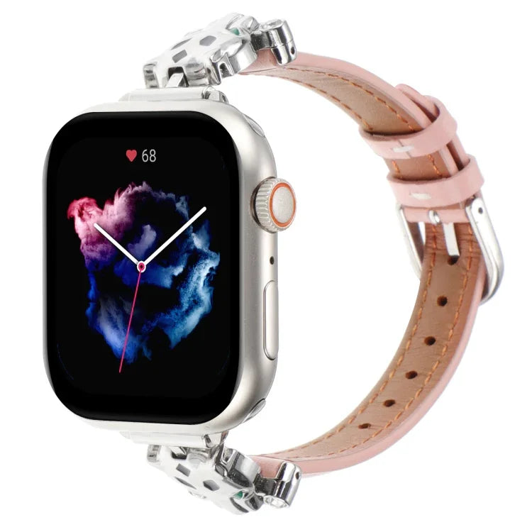 Echtes Lederarmband mit Leopardenkopf-Motiv, passend für Apple Watch 46 mm / 49 mm / 45 mm / 44 mm und 42 mm / 41 mm / 40 mm / 38 mm