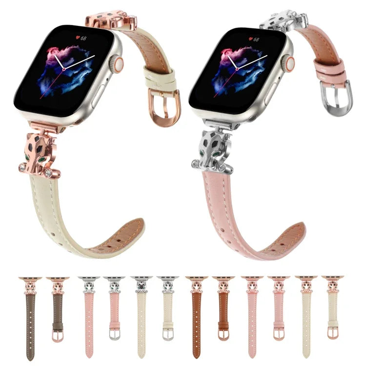 Echtes Lederarmband mit Leopardenkopf-Motiv, passend für Apple Watch 46 mm / 49 mm / 45 mm / 44 mm und 42 mm / 41 mm / 40 mm / 38 mm