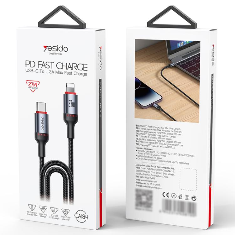Yesido CA184 PD27W 3A USB-C / Typ-C auf 8 Pin Lade-Datenkabel, Länge: 2m, CA184