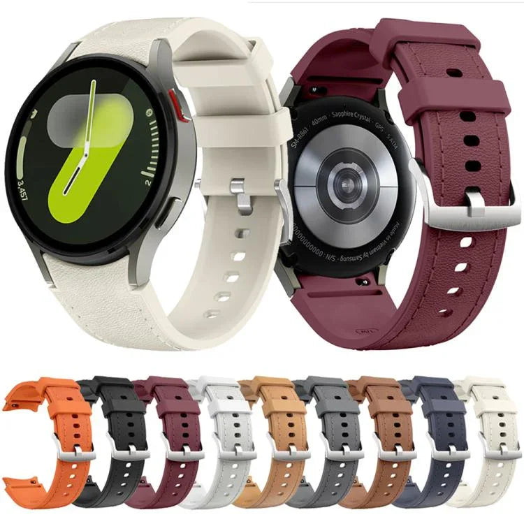Silbernes Armband aus Leder und Silikon mit Dornschließe, passend für Samsung Galaxy Watch 7 / 6 / 5 / 4