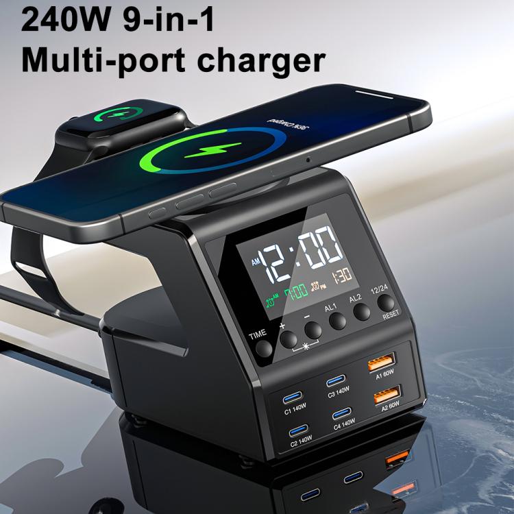 9-in-1 240W Multifunktionale Multi-Port-Ladestation mit Alarmfunktion, 9-in-1 240W