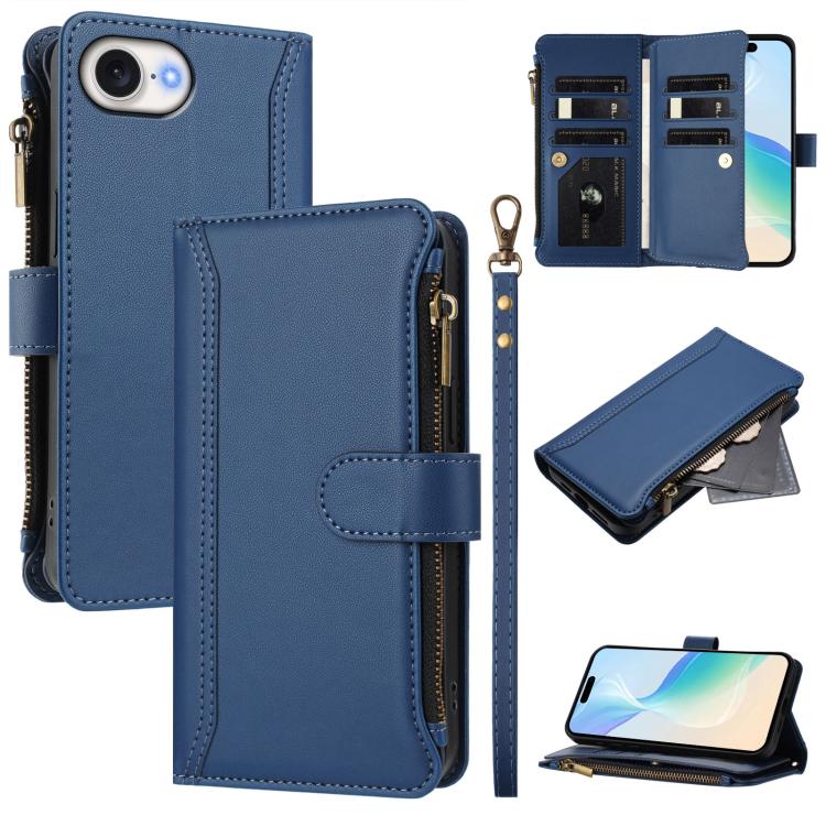 Magnetverschluss 9 Kartenfächer Reißverschluss-Lederhülle mit Handschlaufe, für iPhone 17e / 16e, für iPhone 17 Pro Max, für iPhone 17 Pro, für iPhone 17, für iPhone Air, für iPhone 16 Pro Max, für iPhone 16 Pro, für iPhone 16 Plus