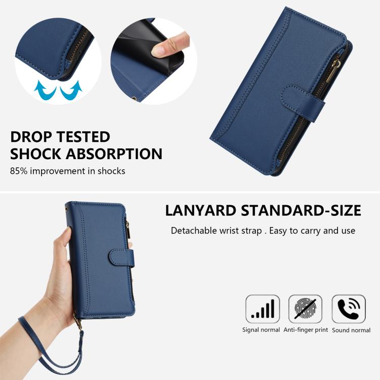 Magnetverschluss 9 Kartenfächer Reißverschluss-Lederhülle mit Handschlaufe, für iPhone 17e / 16e, für iPhone 17 Pro Max, für iPhone 17 Pro, für iPhone 17, für iPhone Air, für iPhone 16 Pro Max, für iPhone 16 Pro, für iPhone 16 Plus