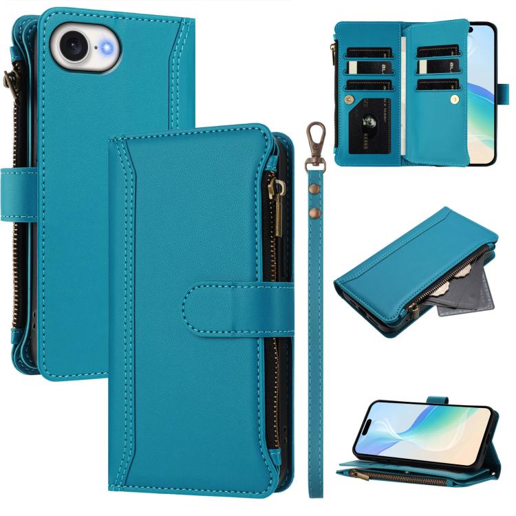 Magnetverschluss 9 Kartenfächer Reißverschluss-Lederhülle mit Handschlaufe, für iPhone 17e / 16e, für iPhone 17 Pro Max, für iPhone 17 Pro, für iPhone 17, für iPhone Air, für iPhone 16 Pro Max, für iPhone 16 Pro, für iPhone 16 Plus