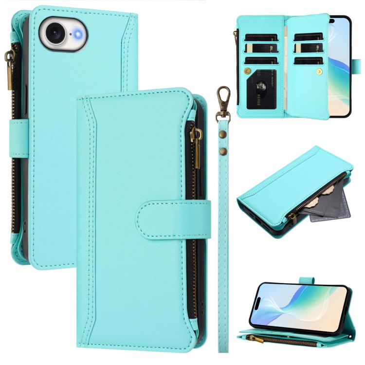 Magnetverschluss 9 Kartenfächer Reißverschluss-Lederhülle mit Handschlaufe, für iPhone 17e / 16e, für iPhone 17 Pro Max, für iPhone 17 Pro, für iPhone 17, für iPhone Air, für iPhone 16 Pro Max, für iPhone 16 Pro, für iPhone 16 Plus
