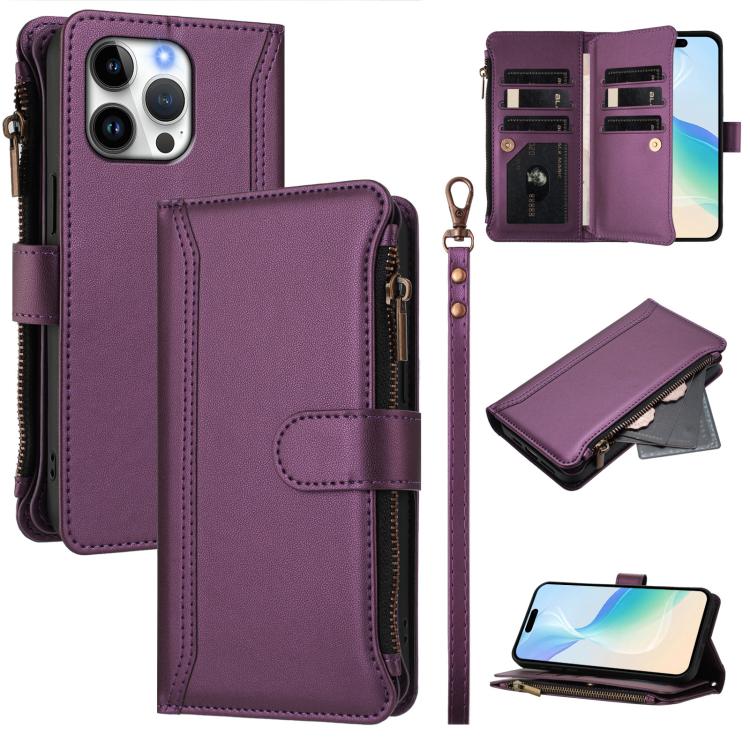 Magnetverschluss 9 Kartenfächer Reißverschluss-Lederhülle mit Handschlaufe, für iPhone 17e / 16e, für iPhone 17 Pro Max, für iPhone 17 Pro, für iPhone 17, für iPhone Air, für iPhone 16 Pro Max, für iPhone 16 Pro, für iPhone 16 Plus