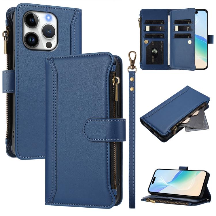 Magnetverschluss 9 Kartenfächer Reißverschluss-Lederhülle mit Handschlaufe, für iPhone 17e / 16e, für iPhone 17 Pro Max, für iPhone 17 Pro, für iPhone 17, für iPhone Air, für iPhone 16 Pro Max, für iPhone 16 Pro, für iPhone 16 Plus