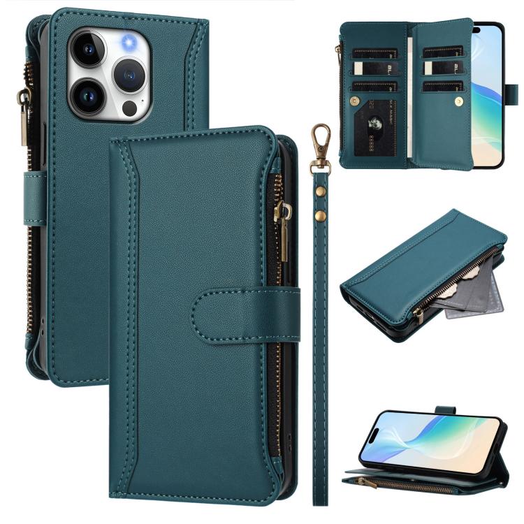 Magnetverschluss 9 Kartenfächer Reißverschluss-Lederhülle mit Handschlaufe, für iPhone 17e / 16e, für iPhone 17 Pro Max, für iPhone 17 Pro, für iPhone 17, für iPhone Air, für iPhone 16 Pro Max, für iPhone 16 Pro, für iPhone 16 Plus
