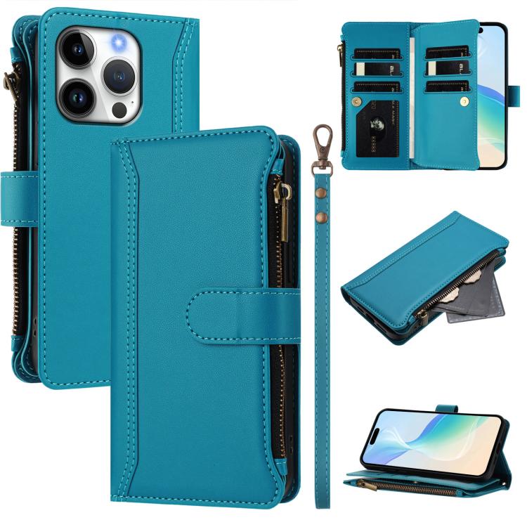 Magnetverschluss 9 Kartenfächer Reißverschluss-Lederhülle mit Handschlaufe, für iPhone 17e / 16e, für iPhone 17 Pro Max, für iPhone 17 Pro, für iPhone 17, für iPhone Air, für iPhone 16 Pro Max, für iPhone 16 Pro, für iPhone 16 Plus