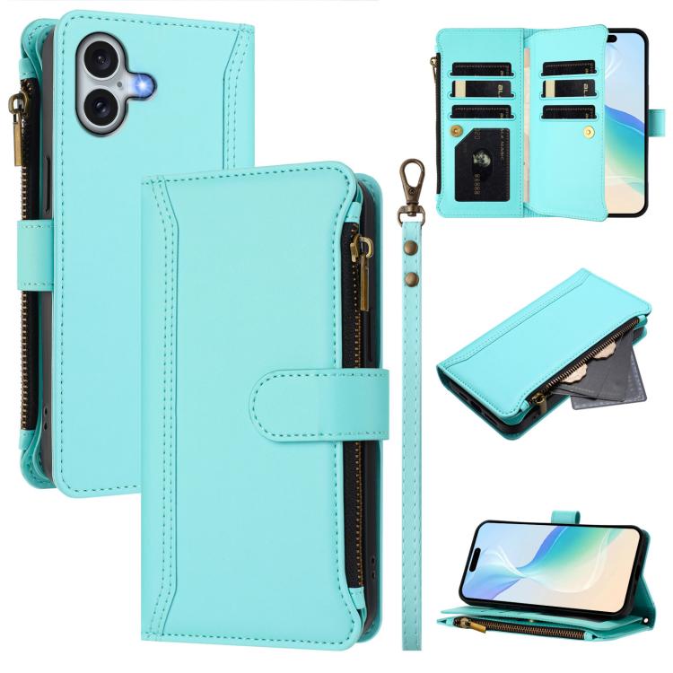 Magnetverschluss 9 Kartenfächer Reißverschluss-Lederhülle mit Handschlaufe, für iPhone 17e / 16e, für iPhone 17 Pro Max, für iPhone 17 Pro, für iPhone 17, für iPhone Air, für iPhone 16 Pro Max, für iPhone 16 Pro, für iPhone 16 Plus