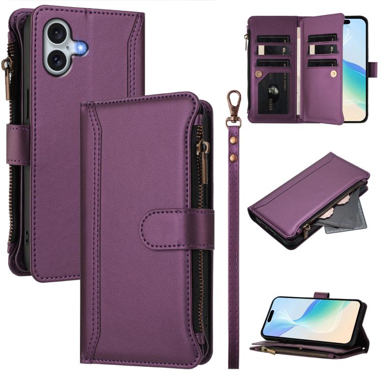 Magnetverschluss 9 Kartenfächer Reißverschluss-Lederhülle mit Handschlaufe, für iPhone 17e / 16e, für iPhone 17 Pro Max, für iPhone 17 Pro, für iPhone 17, für iPhone Air, für iPhone 16 Pro Max, für iPhone 16 Pro, für iPhone 16 Plus