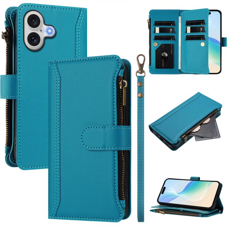 Magnetverschluss 9 Kartenfächer Reißverschluss-Lederhülle mit Handschlaufe, für iPhone 17e / 16e, für iPhone 17 Pro Max, für iPhone 17 Pro, für iPhone 17, für iPhone Air, für iPhone 16 Pro Max, für iPhone 16 Pro, für iPhone 16 Plus