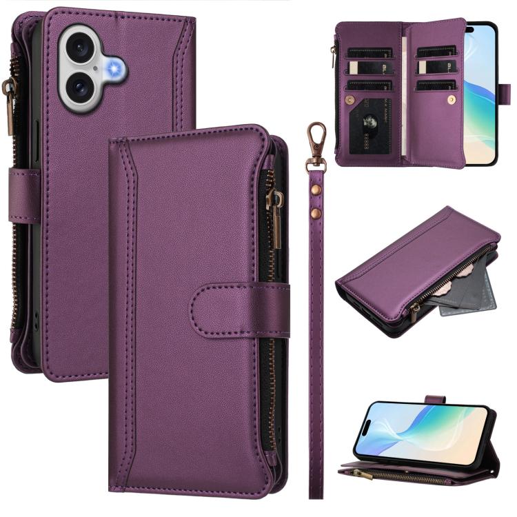 Magnetverschluss 9 Kartenfächer Reißverschluss-Lederhülle mit Handschlaufe, für iPhone 17e / 16e, für iPhone 17 Pro Max, für iPhone 17 Pro, für iPhone 17, für iPhone Air, für iPhone 16 Pro Max, für iPhone 16 Pro, für iPhone 16 Plus