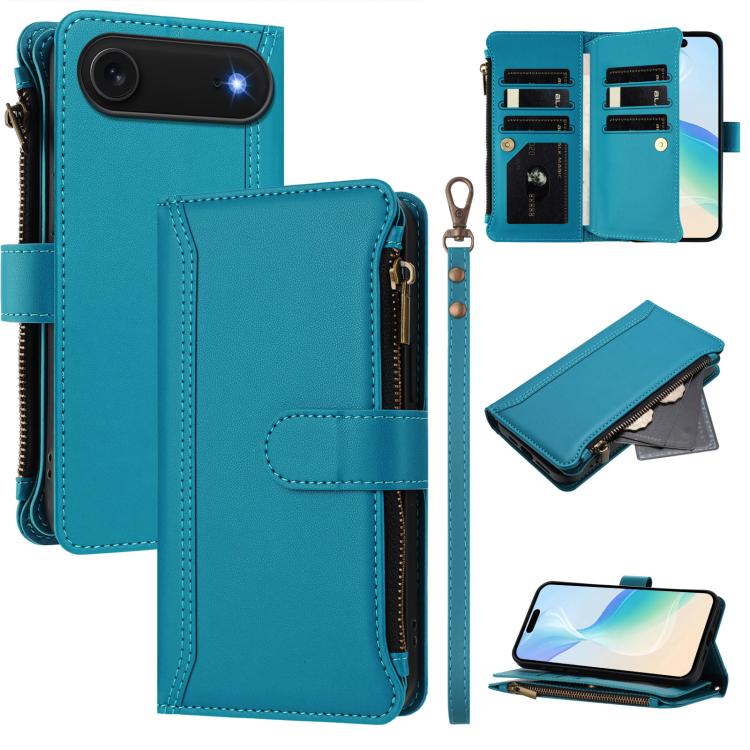 Magnetverschluss 9 Kartenfächer Reißverschluss-Lederhülle mit Handschlaufe, für iPhone 17e / 16e, für iPhone 17 Pro Max, für iPhone 17 Pro, für iPhone 17, für iPhone Air, für iPhone 16 Pro Max, für iPhone 16 Pro, für iPhone 16 Plus