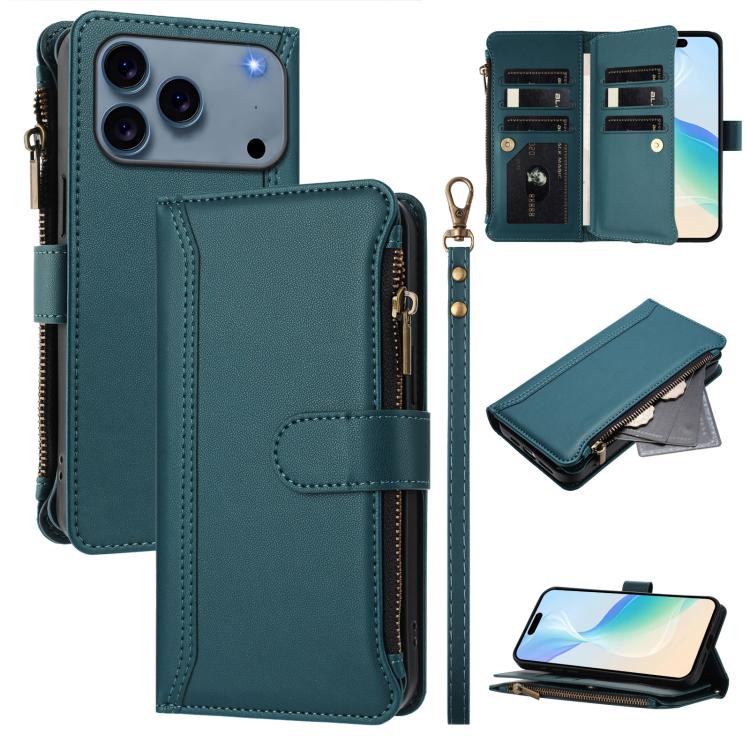 Magnetverschluss 9 Kartenfächer Reißverschluss-Lederhülle mit Handschlaufe, für iPhone 17e / 16e, für iPhone 17 Pro Max, für iPhone 17 Pro, für iPhone 17, für iPhone Air, für iPhone 16 Pro Max, für iPhone 16 Pro, für iPhone 16 Plus