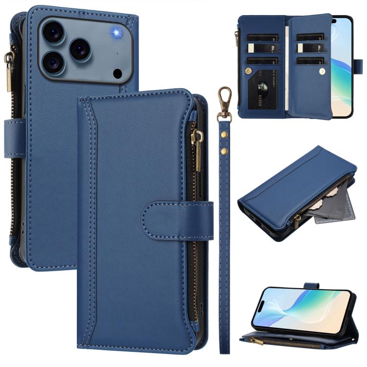 Magnetverschluss 9 Kartenfächer Reißverschluss-Lederhülle mit Handschlaufe, für iPhone 17e / 16e, für iPhone 17 Pro Max, für iPhone 17 Pro, für iPhone 17, für iPhone Air, für iPhone 16 Pro Max, für iPhone 16 Pro, für iPhone 16 Plus
