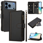 Magnetverschluss 9 Kartenfächer Reißverschluss-Lederhülle mit Handschlaufe, für iPhone 17e / 16e, für iPhone 17 Pro Max, für iPhone 17 Pro, für iPhone 17, für iPhone Air, für iPhone 16 Pro Max, für iPhone 16 Pro, für iPhone 16 Plus