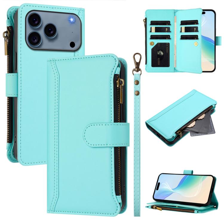 Magnetverschluss 9 Kartenfächer Reißverschluss-Lederhülle mit Handschlaufe, für iPhone 17e / 16e, für iPhone 17 Pro Max, für iPhone 17 Pro, für iPhone 17, für iPhone Air, für iPhone 16 Pro Max, für iPhone 16 Pro, für iPhone 16 Plus