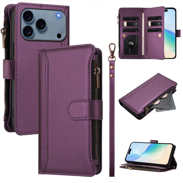 Magnetverschluss 9 Kartenfächer Reißverschluss-Lederhülle mit Handschlaufe, für iPhone 17e / 16e, für iPhone 17 Pro Max, für iPhone 17 Pro, für iPhone 17, für iPhone Air, für iPhone 16 Pro Max, für iPhone 16 Pro, für iPhone 16 Plus