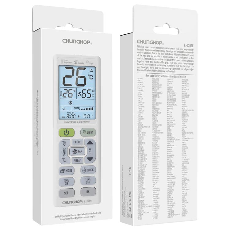 CHUNGHOP K-3302E Universal-Fernbedienung für Klimaanlagen mit Taschenlampe und LCD-Hintergrundbeleuchtung, K-3302E