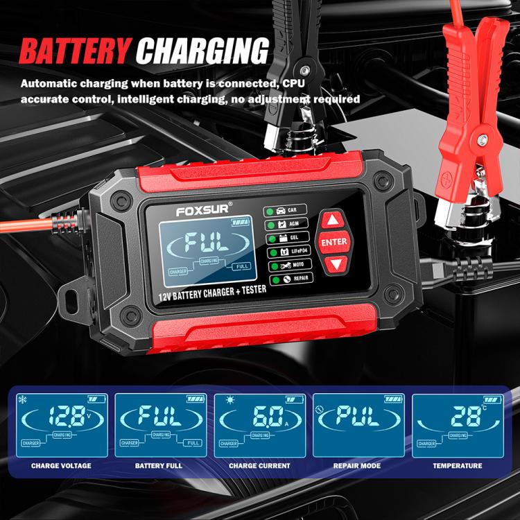 FOXSUR FTC-1206 2 in 1 12V Charging Tester Integrated Machine Car Motorcycle Battery Charger Tester, EU Plug, US Plug, UK Plug, AU Plug