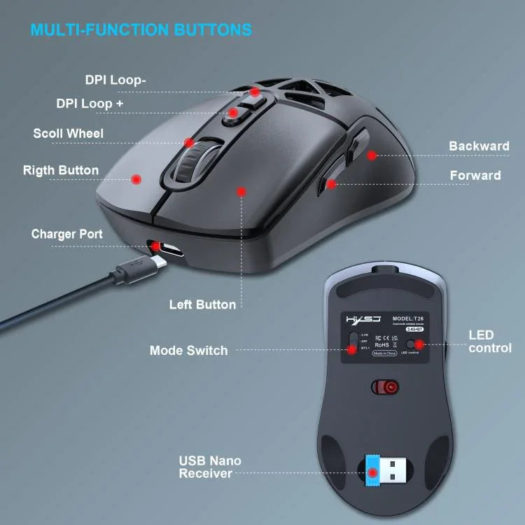 HXSJ T26 Dual-Mode 2.4G BT5.1 Wiederaufladbare Kabellose Maus, T26