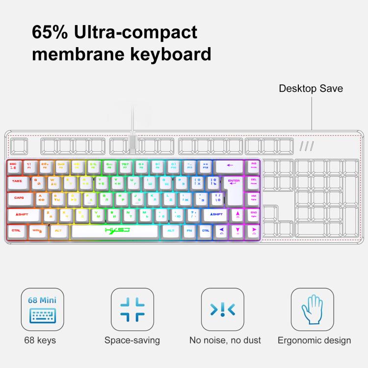 HXSJ V200 Russische Version Kabelgebundene RGB-Hintergrundbeleuchtete Mechanische Tastatur 68 Tastenkappen, Kabellänge: 1,7 m, V200 Russische Version Weiß