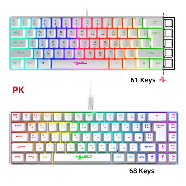 HXSJ V200 Russische Version Kabelgebundene RGB-Hintergrundbeleuchtete Mechanische Tastatur 68 Tastenkappen, Kabellänge: 1,7 m, V200 Russische Version Weiß