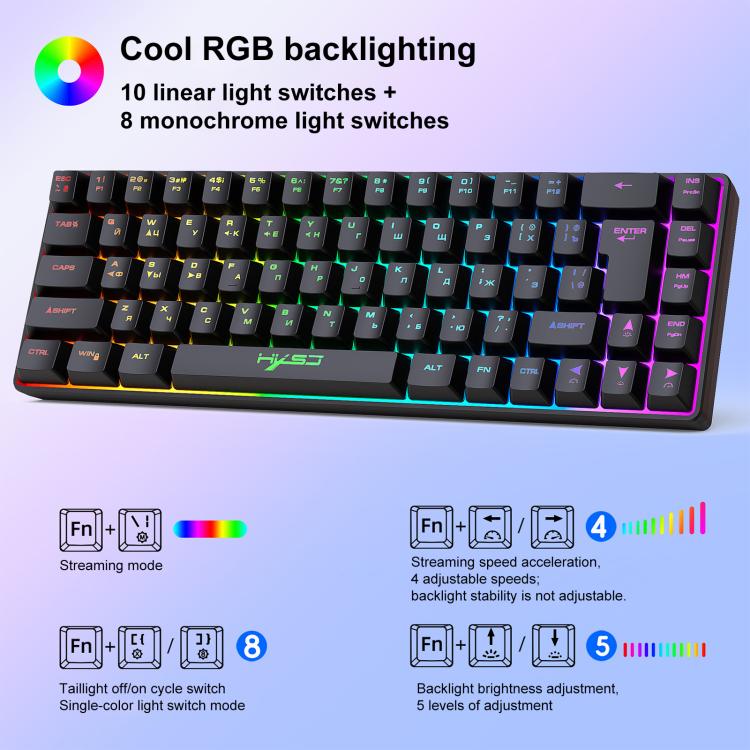 HXSJ V200 Russische Version Kabelgebundene RGB-Hintergrundbeleuchtete Mechanische Tastatur 68 Tastenkappen, Kabellänge: 1,7 m, V200 Russische Version Weiß