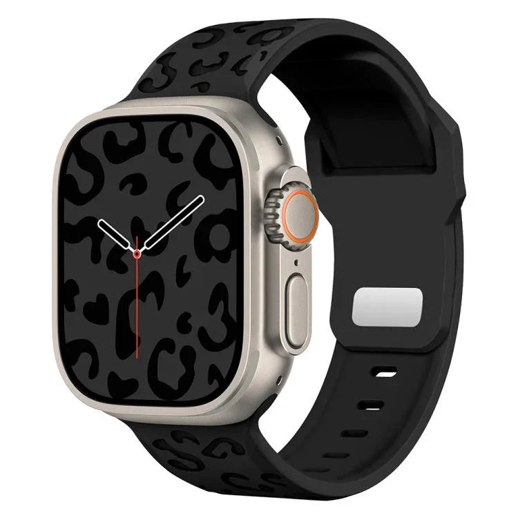 Konkaves Silikon-Uhrenarmband mit Leopardenmuster und Dornschließe, passend für Apple Watch 46 mm / 49 mm / 45 mm / 44 mm und 42 mm / 41 mm / 40 mm / 38 mm