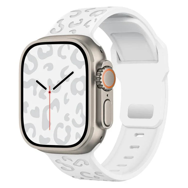 Konkaves Silikon-Uhrenarmband mit Leopardenmuster und Dornschließe, passend für Apple Watch 46 mm / 49 mm / 45 mm / 44 mm und 42 mm / 41 mm / 40 mm / 38 mm