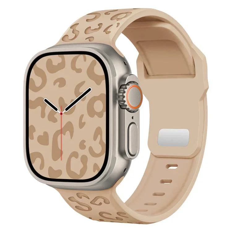 Konkaves Silikon-Uhrenarmband mit Leopardenmuster und Dornschließe, passend für Apple Watch 46 mm / 49 mm / 45 mm / 44 mm und 42 mm / 41 mm / 40 mm / 38 mm