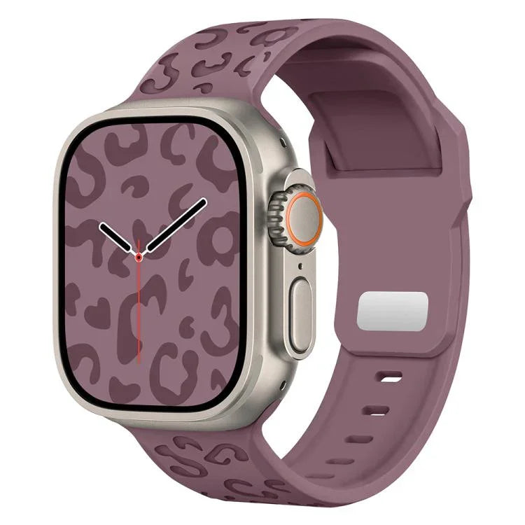 Konkaves Silikon-Uhrenarmband mit Leopardenmuster und Dornschließe, passend für Apple Watch 46 mm / 49 mm / 45 mm / 44 mm und 42 mm / 41 mm / 40 mm / 38 mm