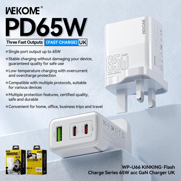 WK WP-U66 Kinkong 65W Dual USB-C / Type-C + USB GaN Schnellladegerät, UK-Stecker, US-Stecker, EU-Stecker
